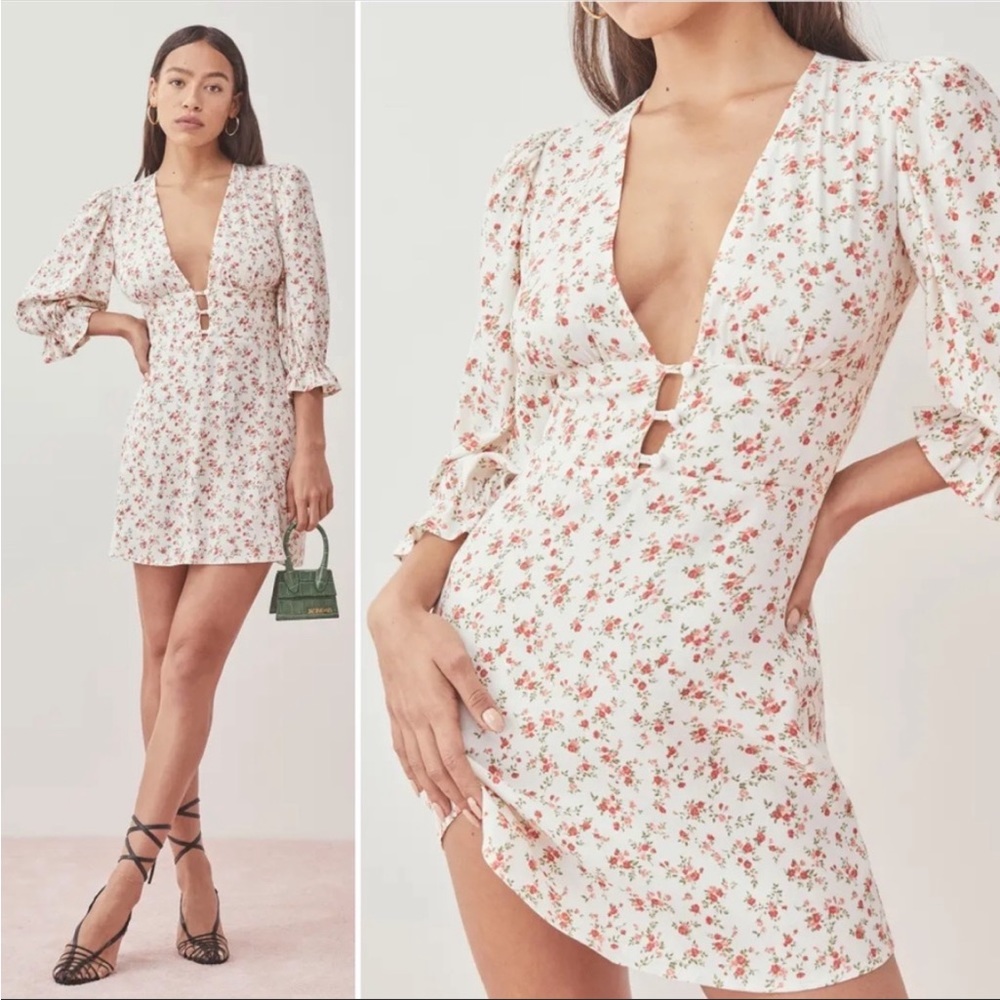 Reformation Cream Floral Mini Dress with Red Blossom Print - Picture 8 of 8